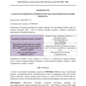 Zmluva o poskytnutí nenávratného finančného príspevku medzi Ministerstvom životného prostredia SR a Stredoslovenskou vodárenskou spoločnoťou, a.s. bola uzatvorená 23.5.2024.