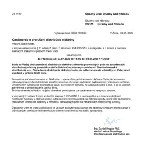 Oznámenie o prerušení distribúcie elektriny 03.07.2025 06:15:00 do: 03.07.2025 17:30:00